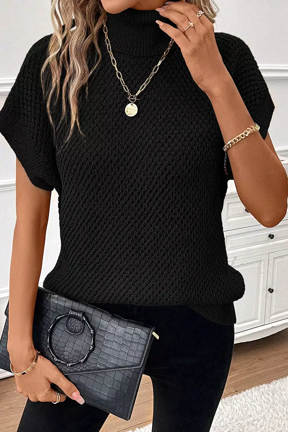 Short Sleeve Turtleneck Sweater, Textured Black