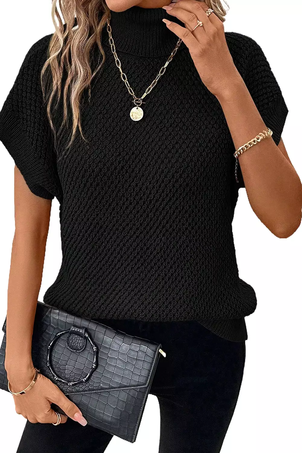 Short Sleeve Turtleneck Sweater, Textured Black