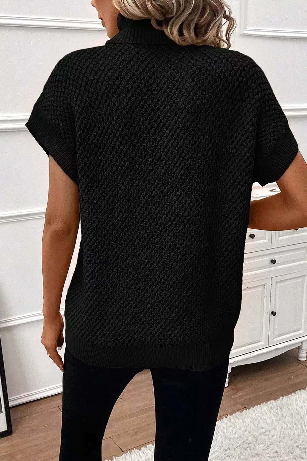 Short Sleeve Turtleneck Sweater, Textured Black