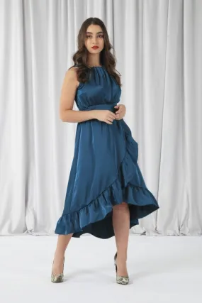 Sleeveless Frill Hem Satin Wrap Dress