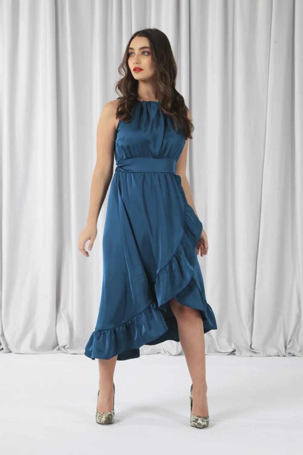 Sleeveless Frill Hem Satin Wrap Dress