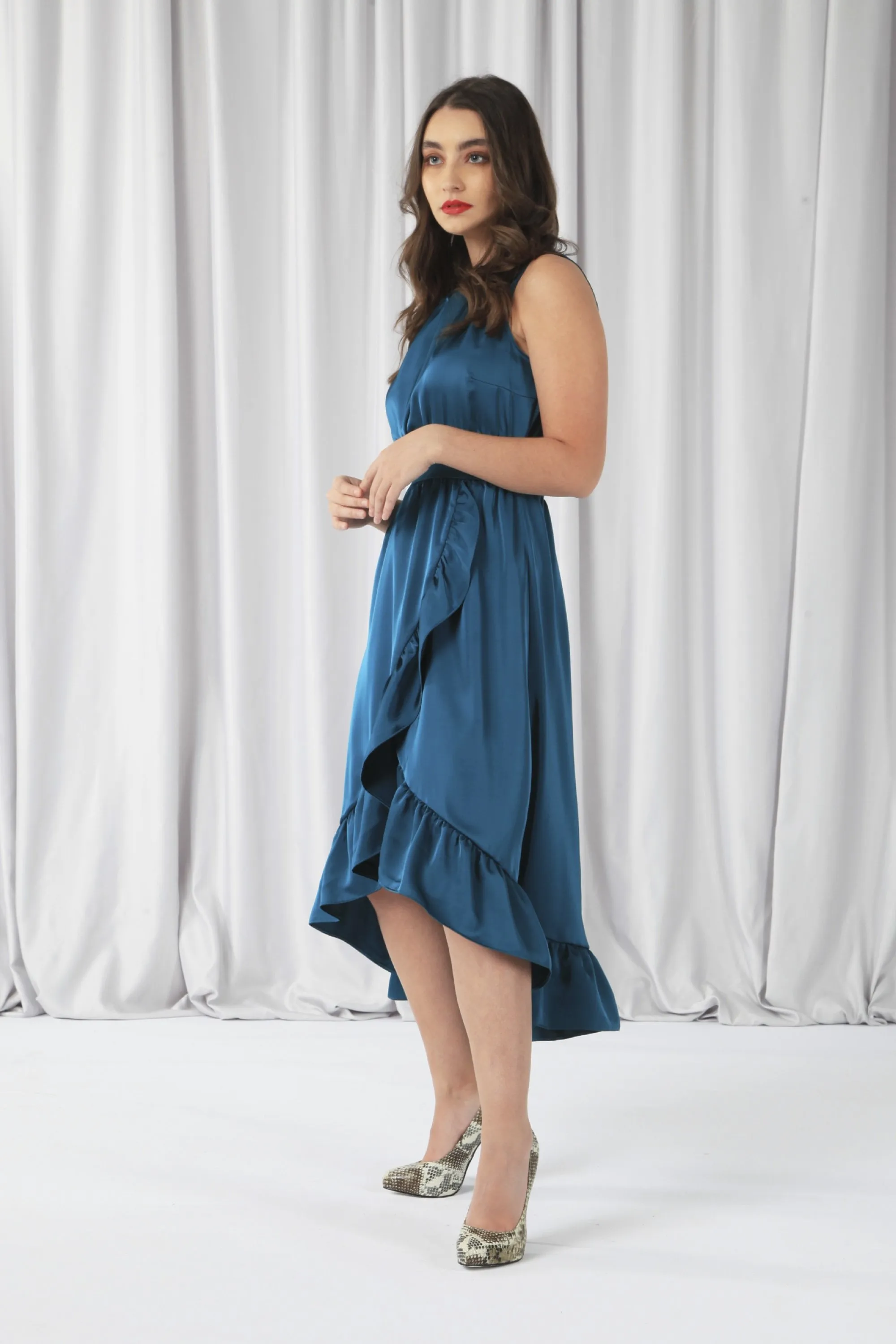 Sleeveless Frill Hem Satin Wrap Dress