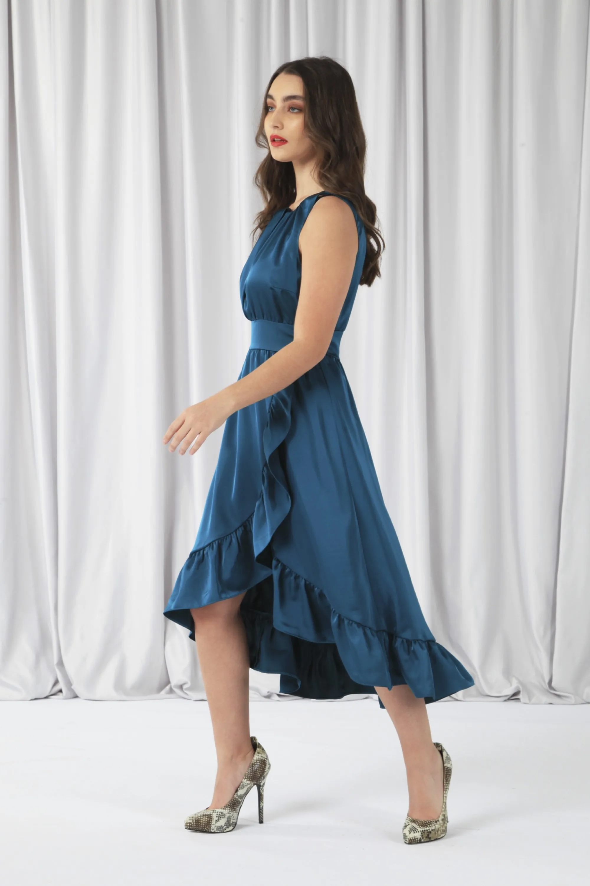 Sleeveless Frill Hem Satin Wrap Dress