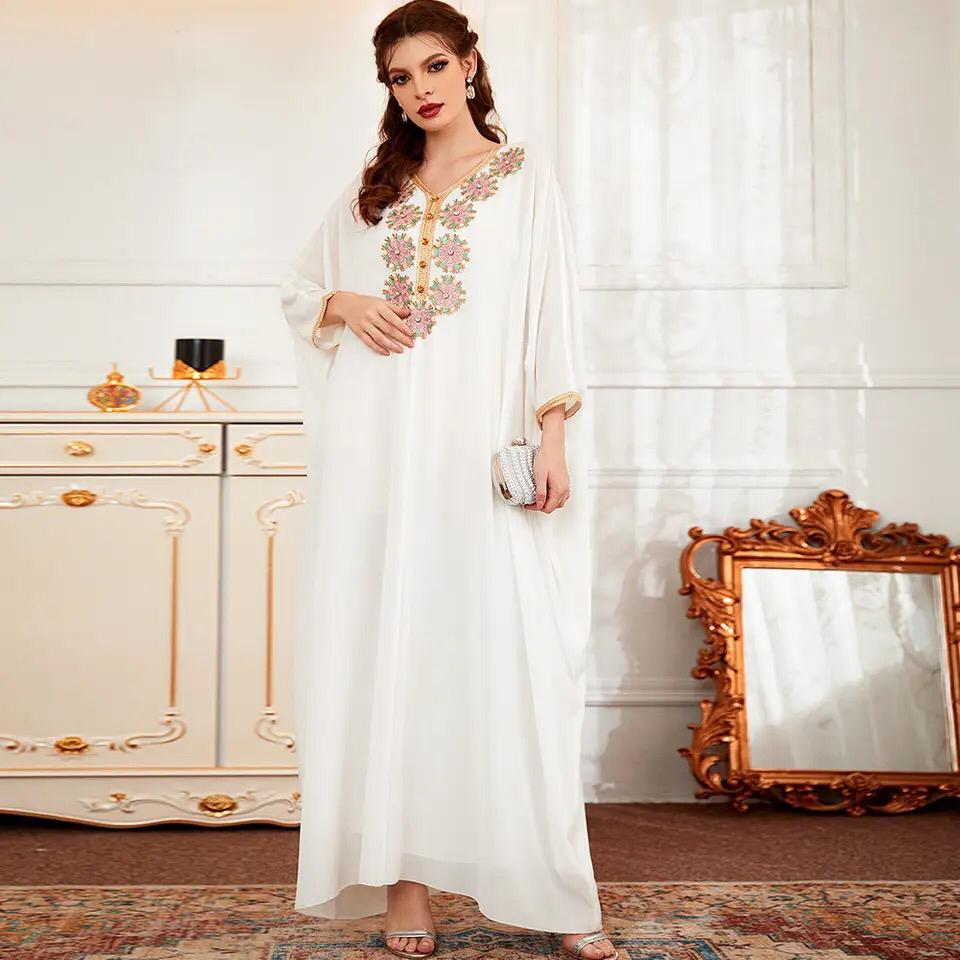 Snow White Batwing Sleeves Dubai Turkey Arab Abaya Maxi Dress for Women Muslim (2XL, B-31756)