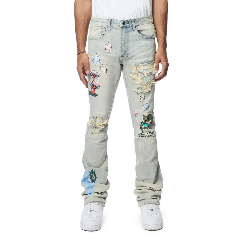 Stacked High Density Puff Printed Jeans Ombre Blue