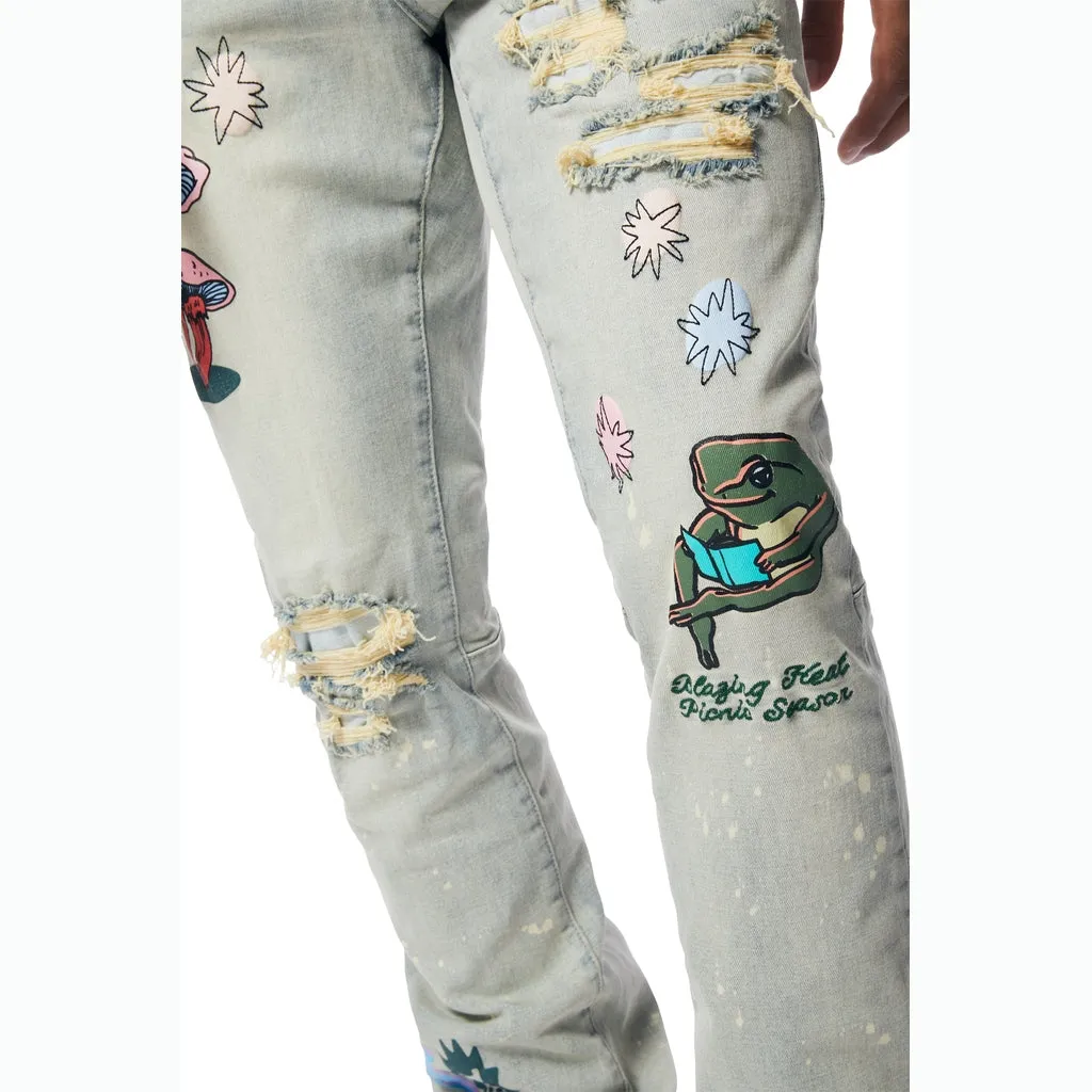 Stacked High Density Puff Printed Jeans Ombre Blue