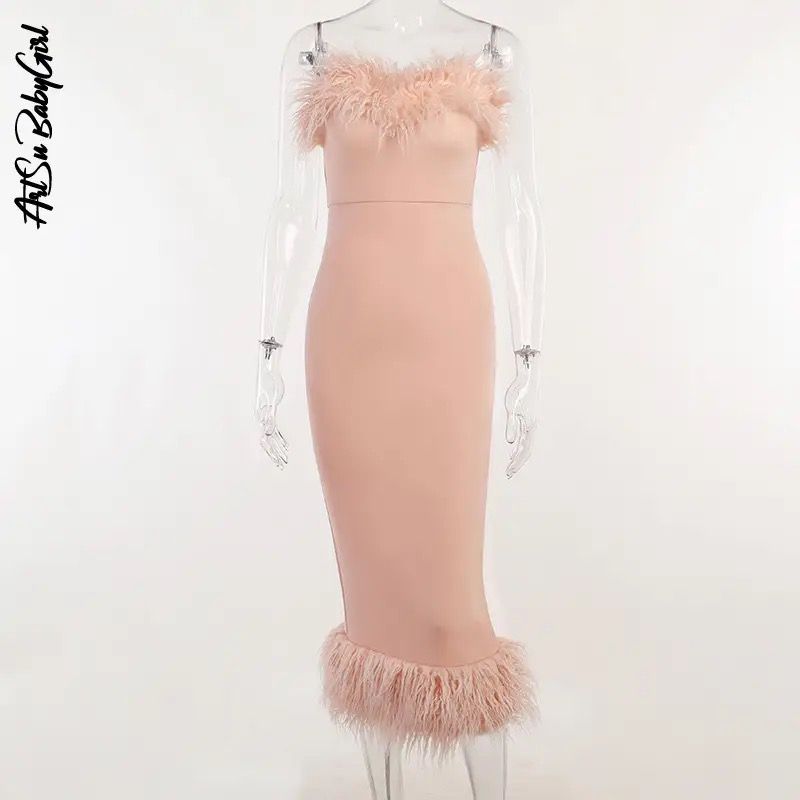 Strapless feather party dress for women, mid-length, size L, B-48040.