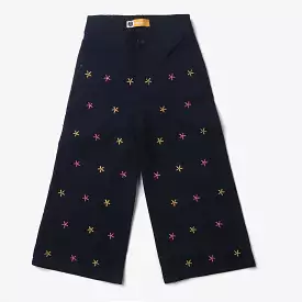 Stretch Denim Pants with Floral Embroidery in Navy Blue for Girls