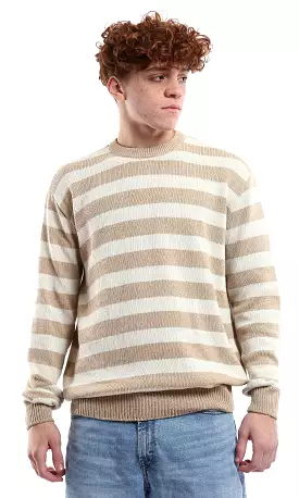 Striped Beige and Mocha Knit Slip-On Pullover - O174209