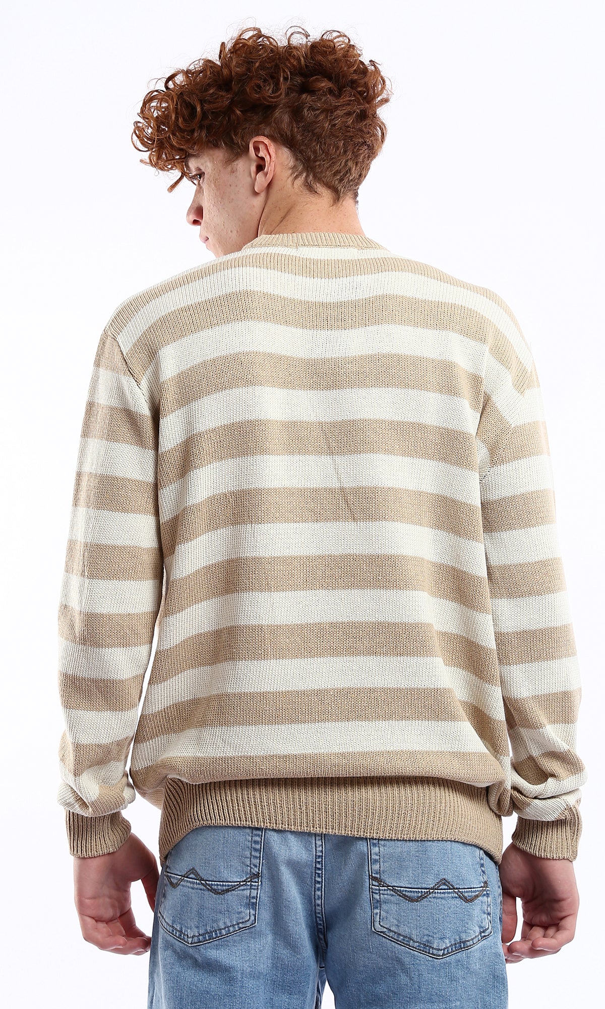 Striped Beige and Mocha Knit Slip-On Pullover - O174209