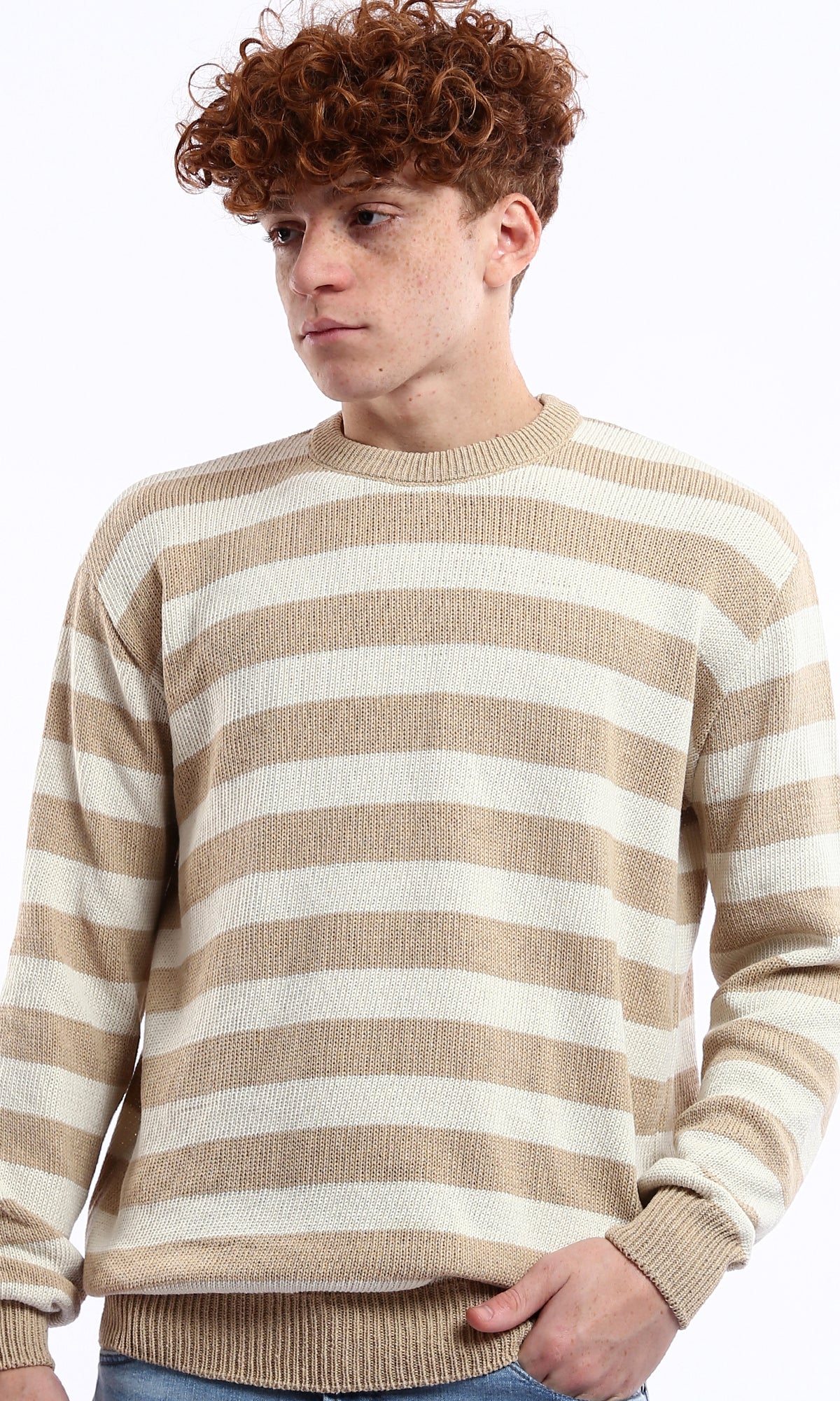 Striped Beige and Mocha Knit Slip-On Pullover - O174209