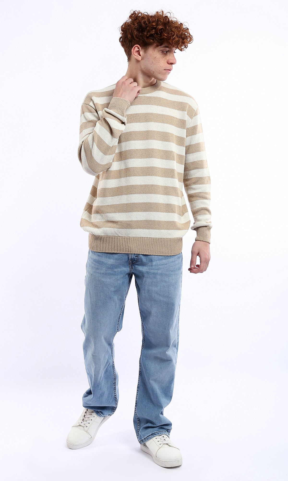 Striped Beige and Mocha Knit Slip-On Pullover - O174209