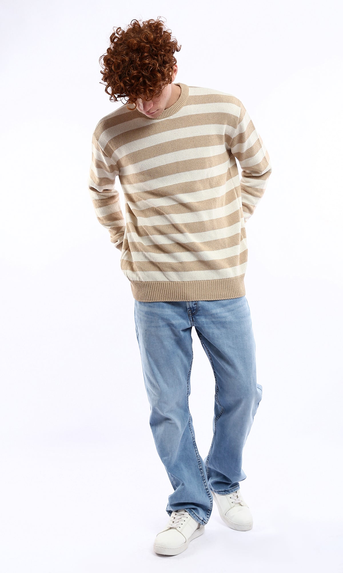 Striped Beige and Mocha Knit Slip-On Pullover - O174209