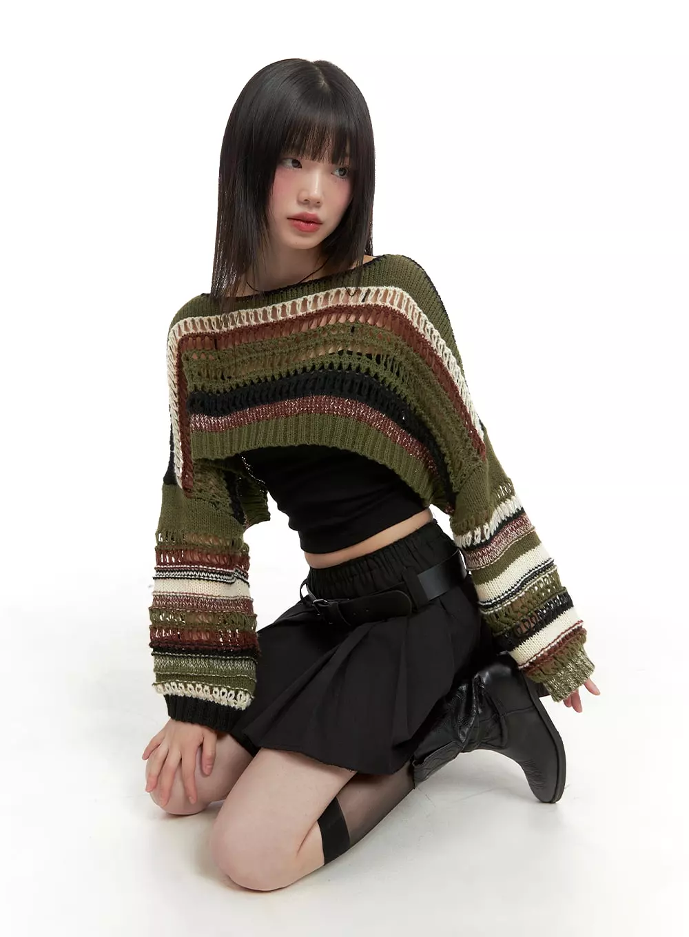 Striped Crochet Crop Sweater - CA411