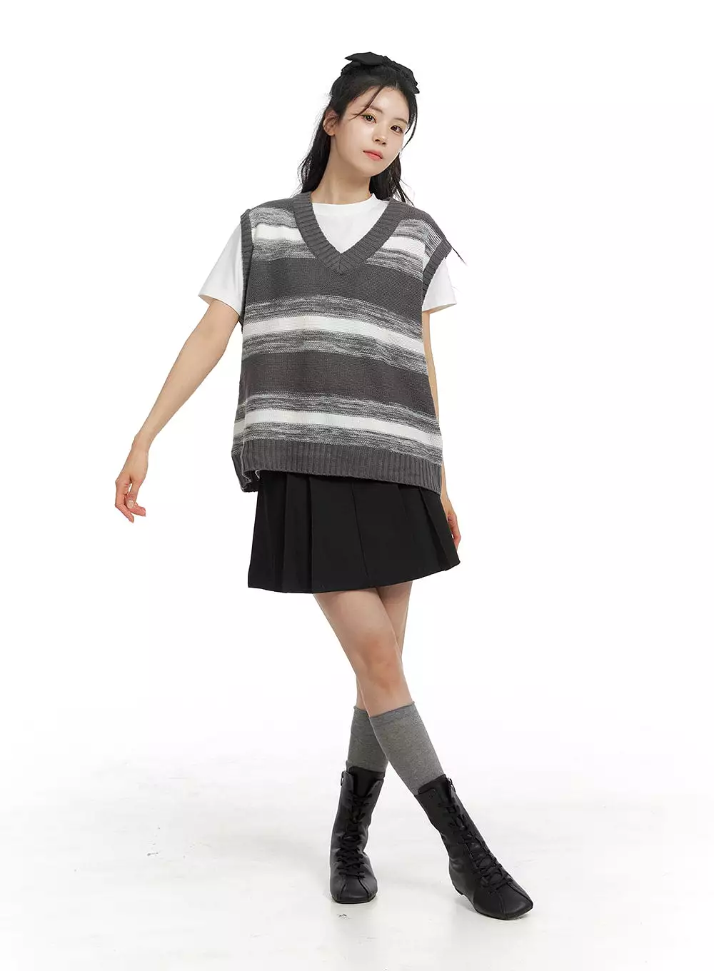 Striped Knit Sweater Vest | Oversized | OM419