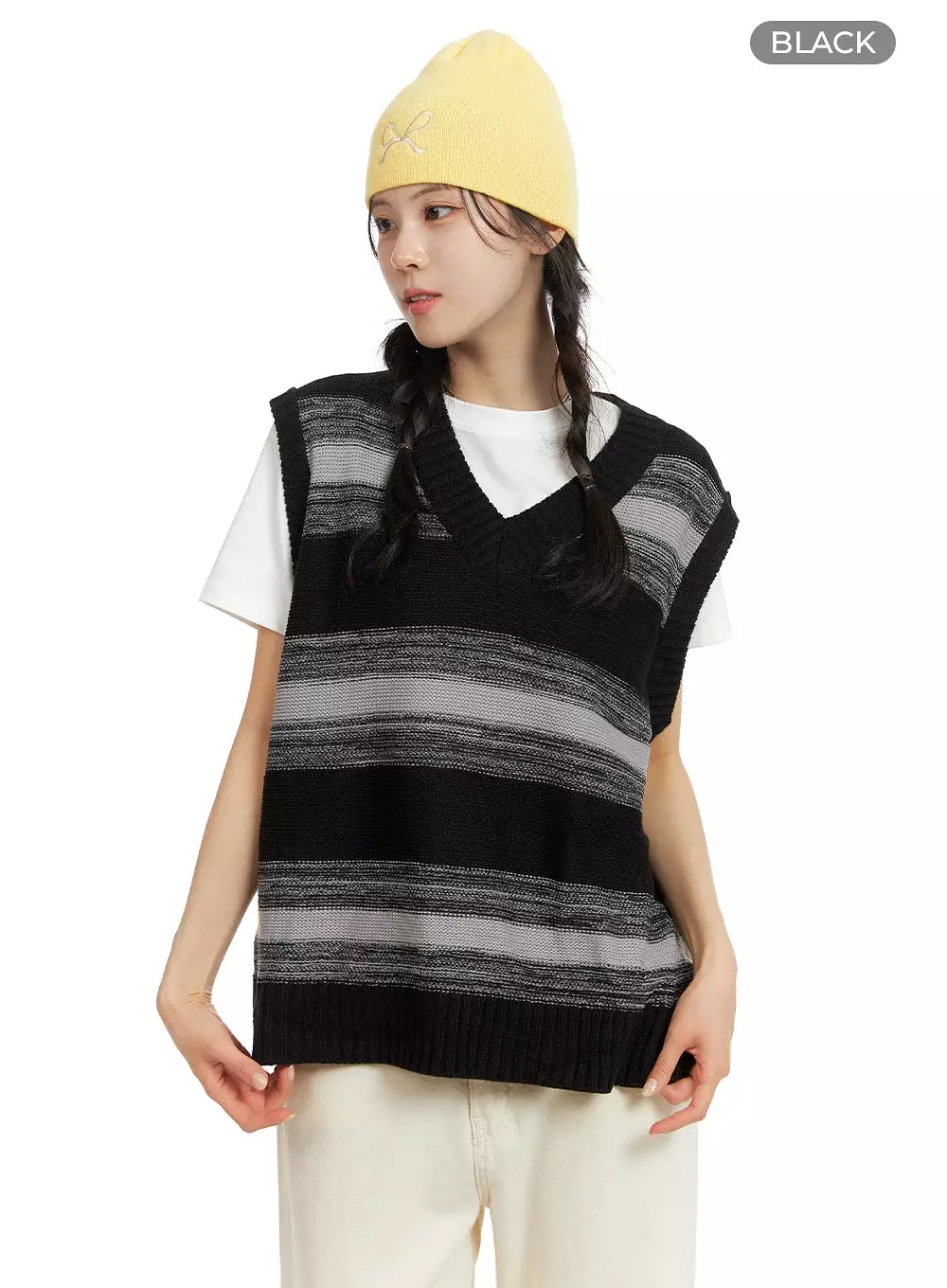 Striped Knit Sweater Vest | Oversized | OM419