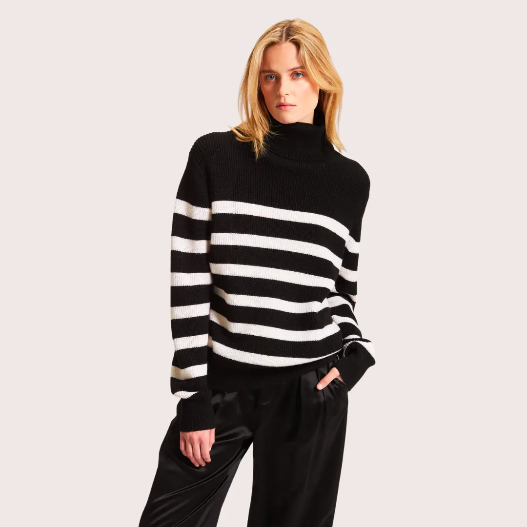 Black Striped Merino Wool Turtleneck Sweater