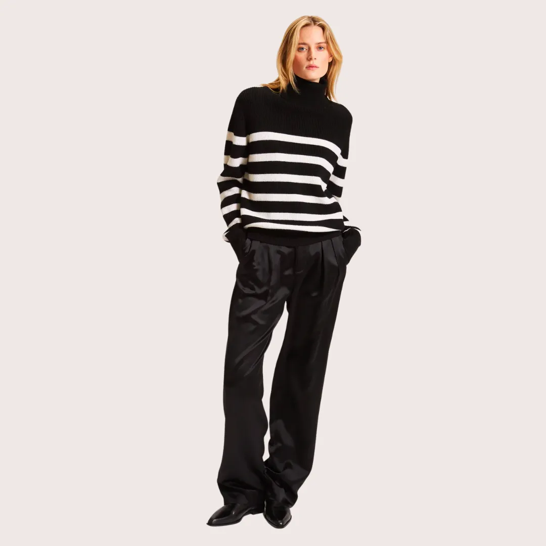 Black Striped Merino Wool Turtleneck Sweater