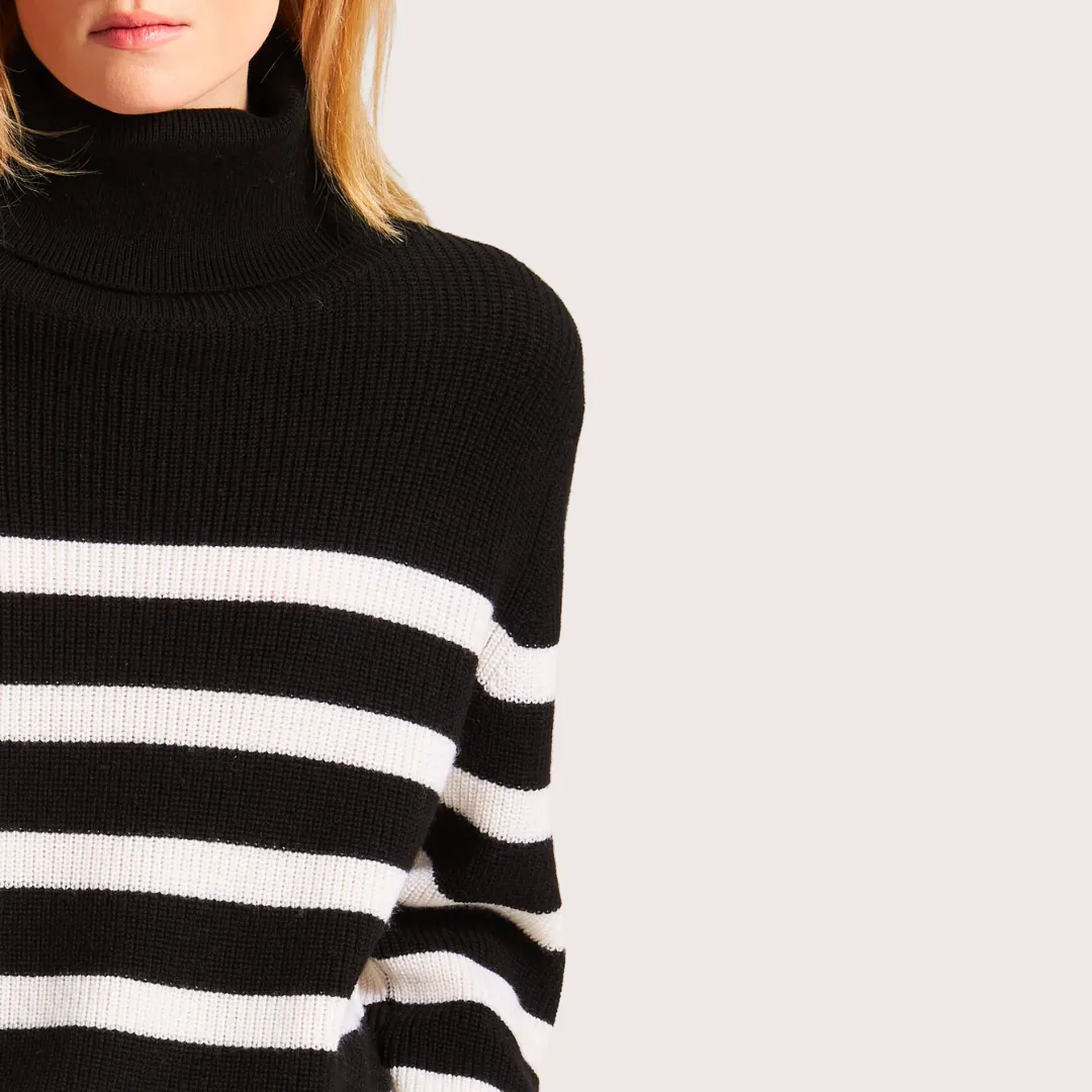 Black Striped Merino Wool Turtleneck Sweater