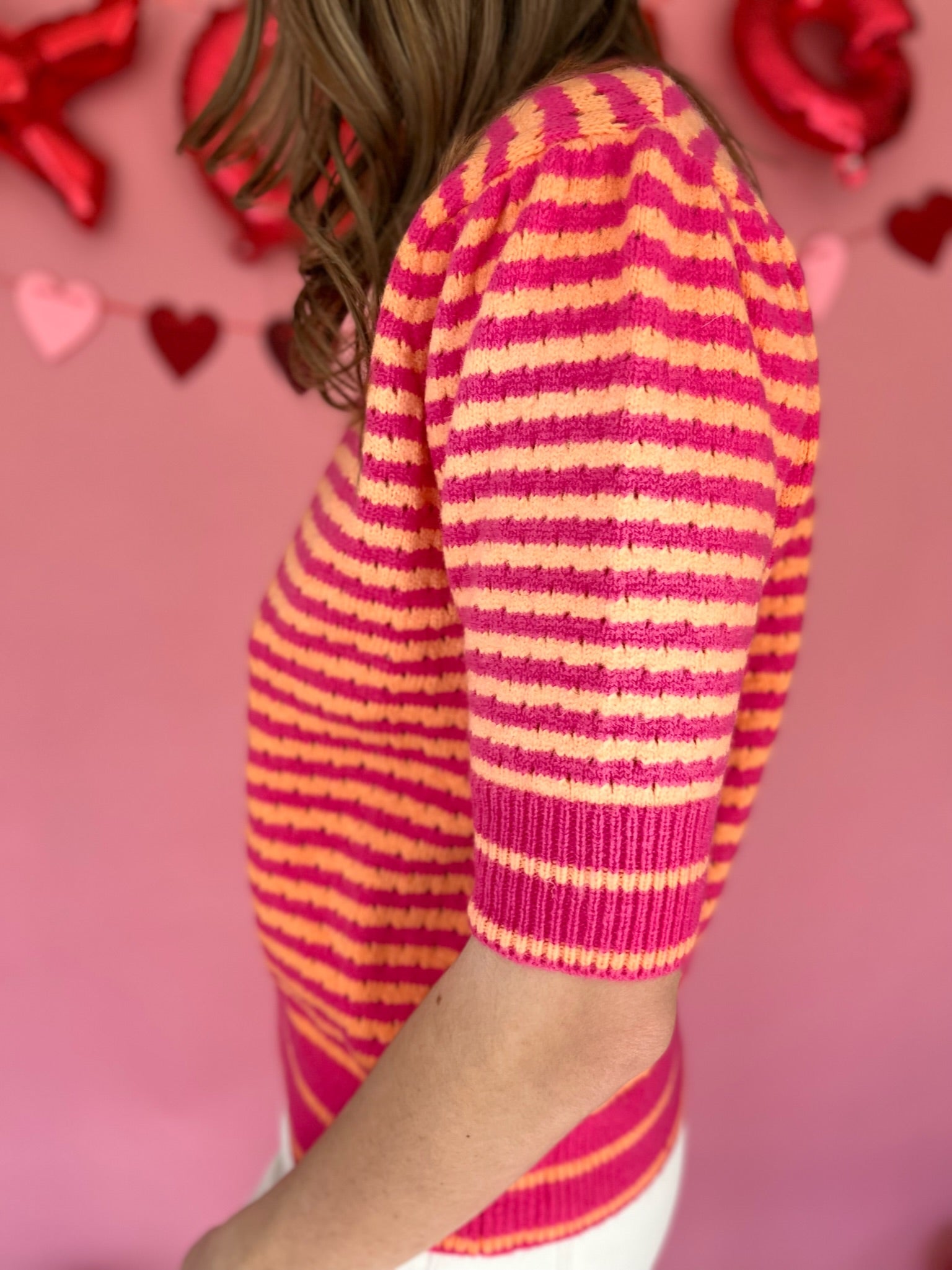 Striped Puff Sleeve Sweater - Hotpink/Orange | Shop Now