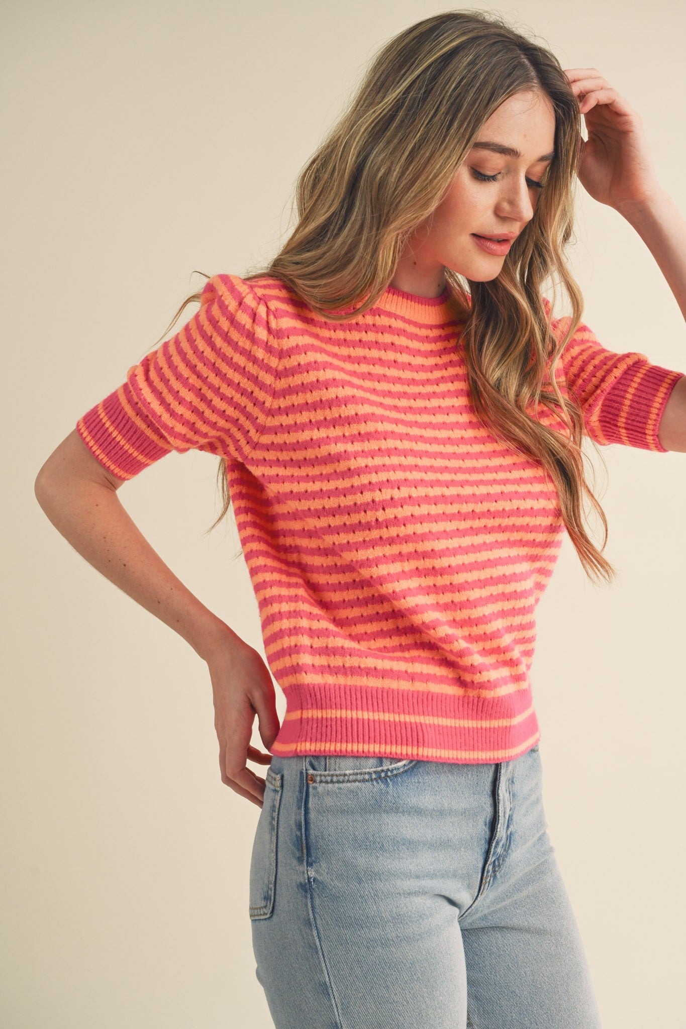 Striped Puff Sleeve Sweater - Hotpink/Orange | Shop Now