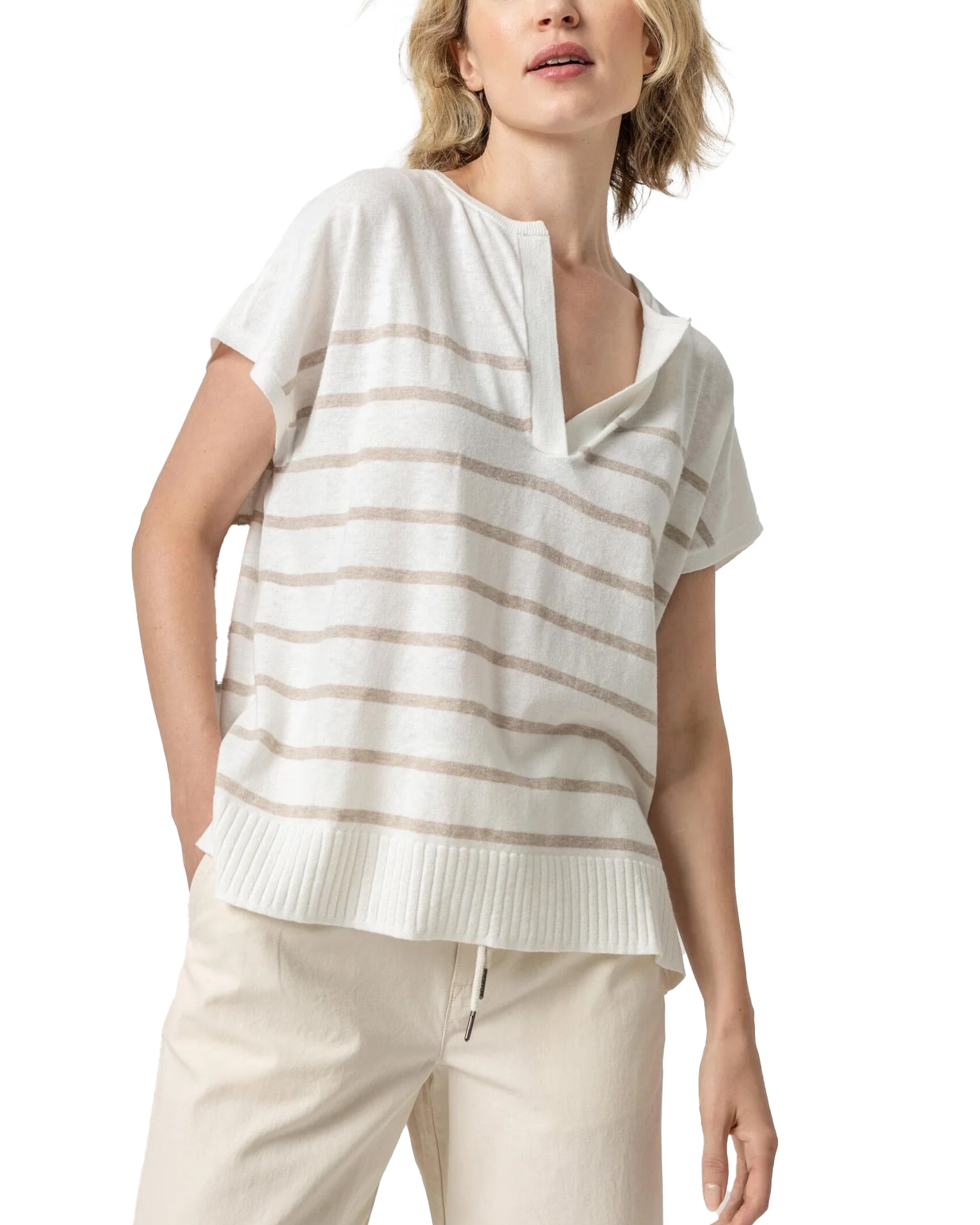 Striped Tunic Sweater, Split Neck (Linen Stripe)