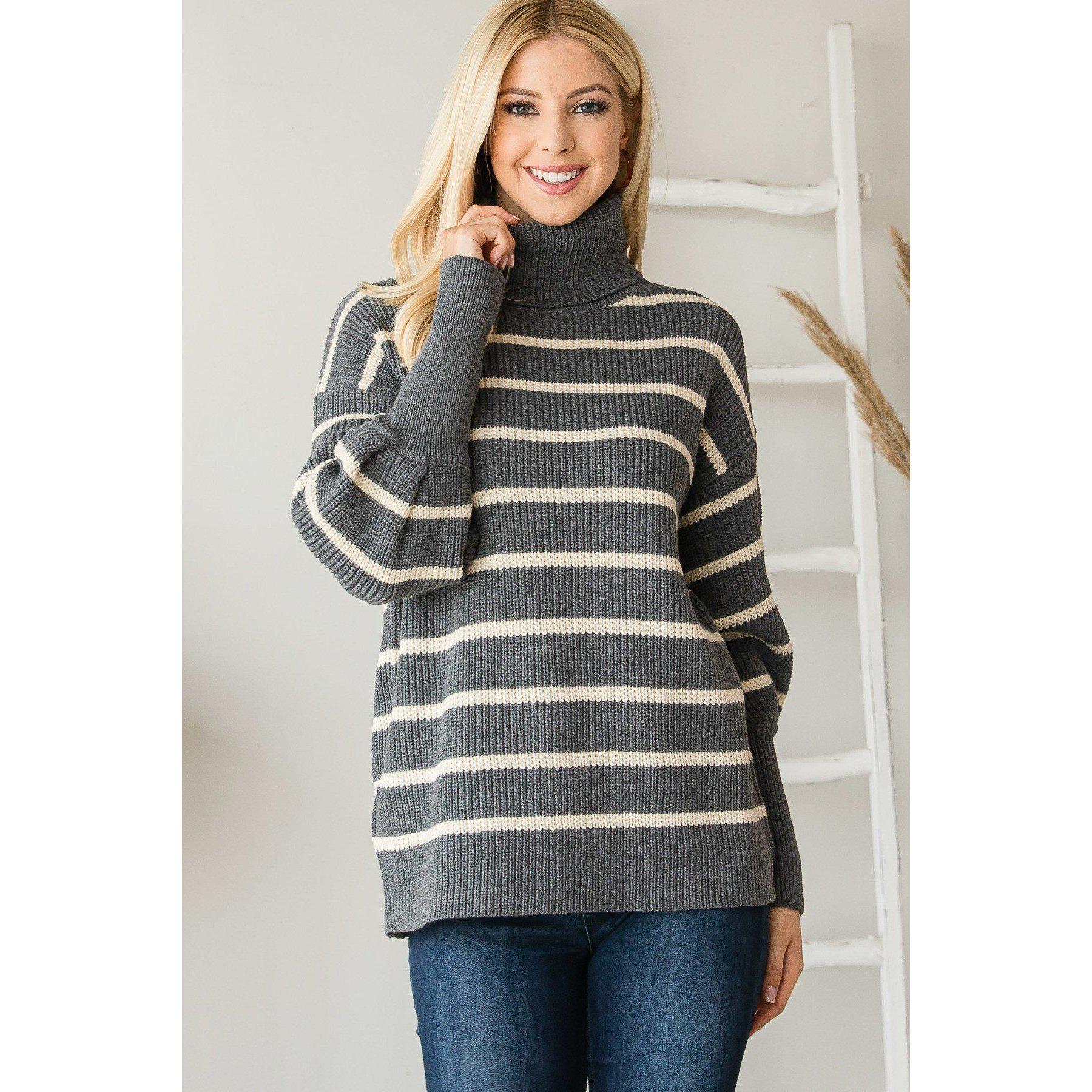 Striped Turtle Neck Sweater - Heavy Knit