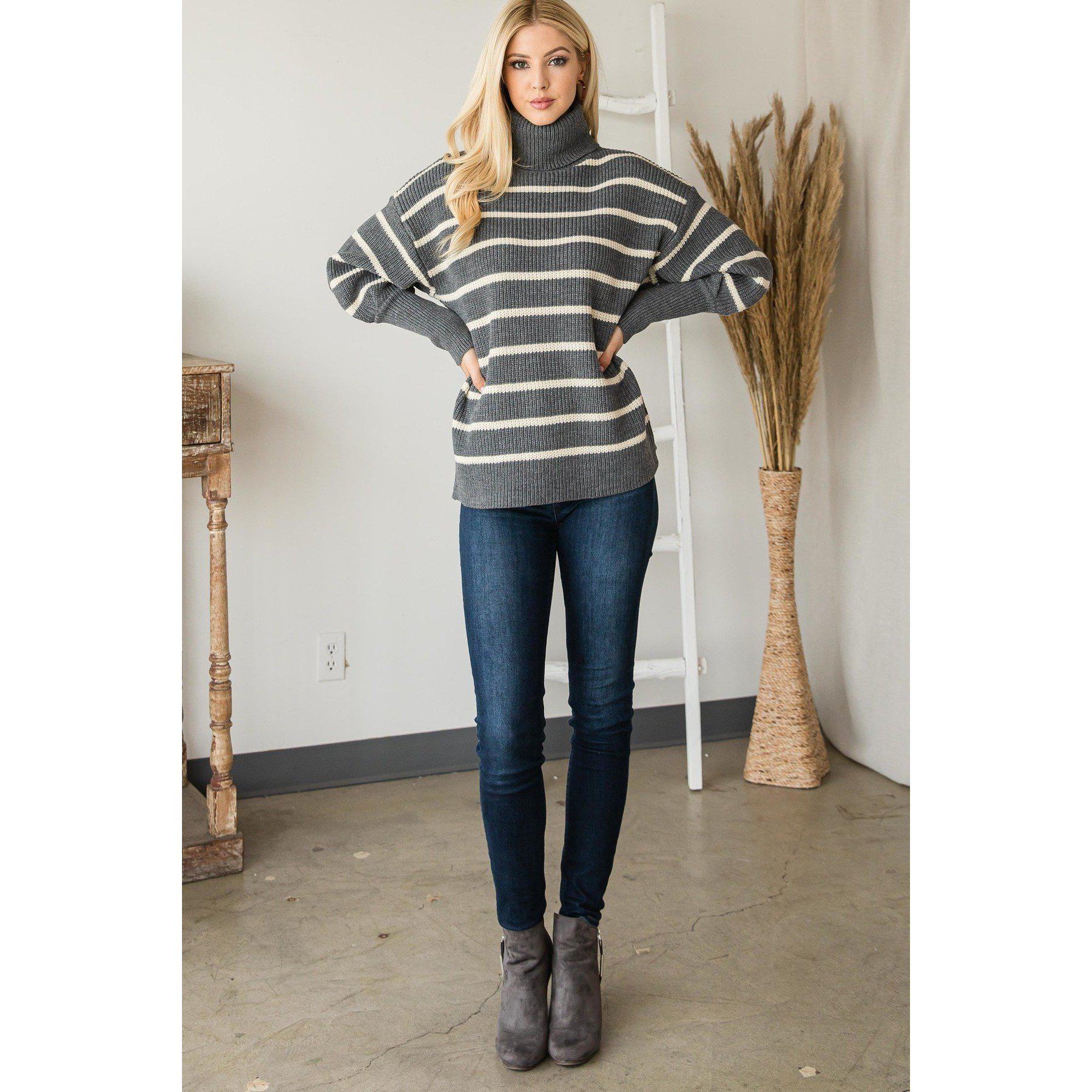 Striped Turtle Neck Sweater - Heavy Knit