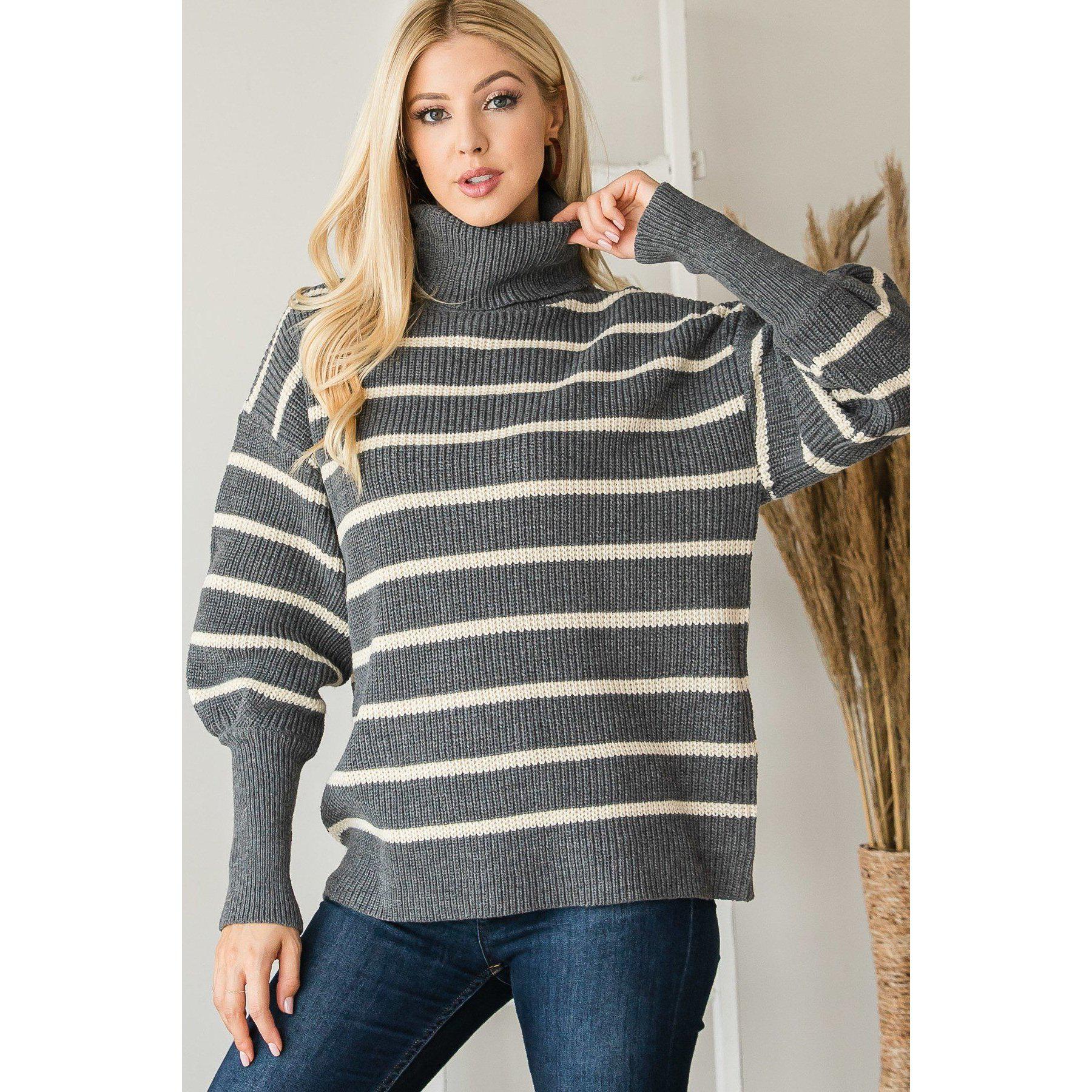 Striped Turtle Neck Sweater - Heavy Knit