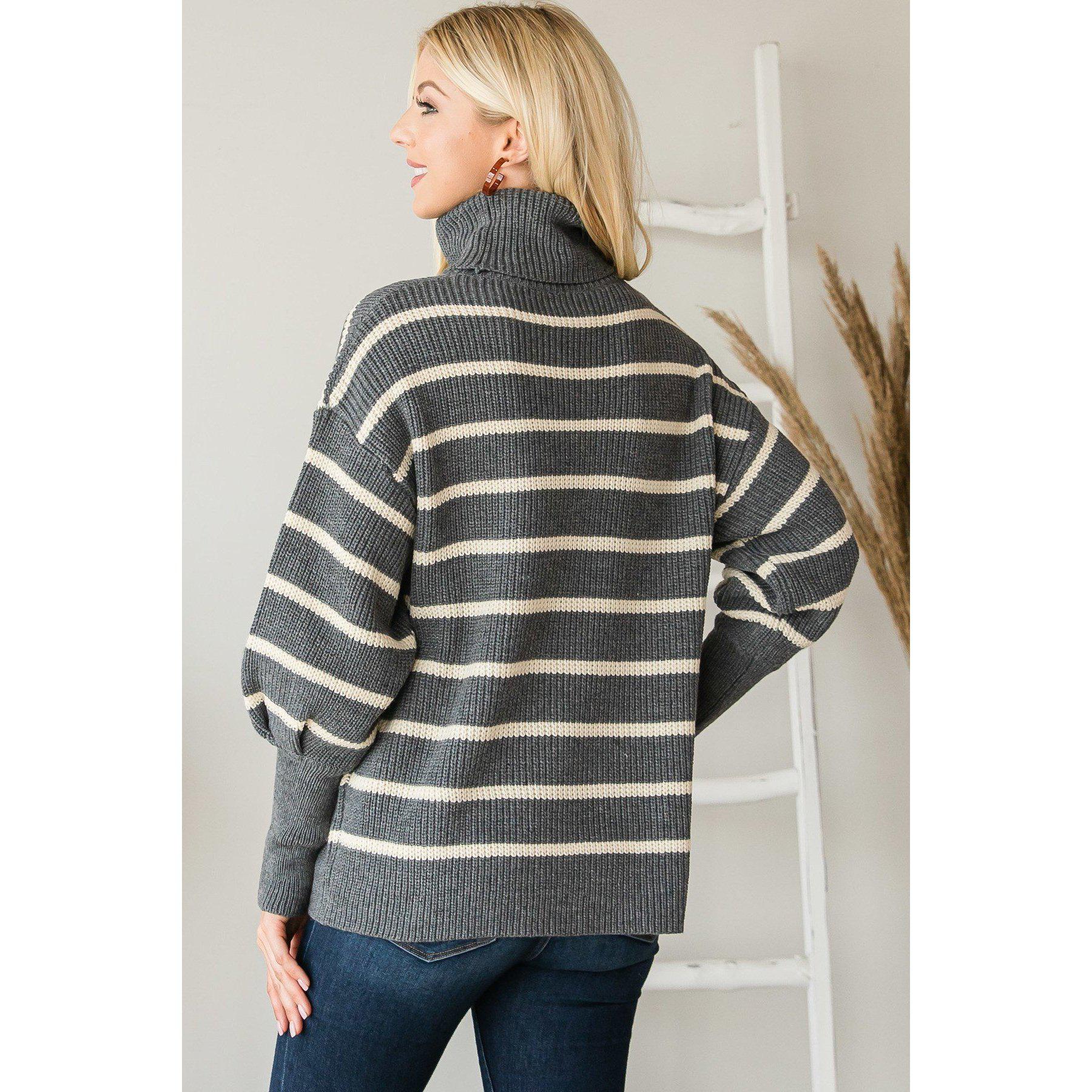 Striped Turtle Neck Sweater - Heavy Knit