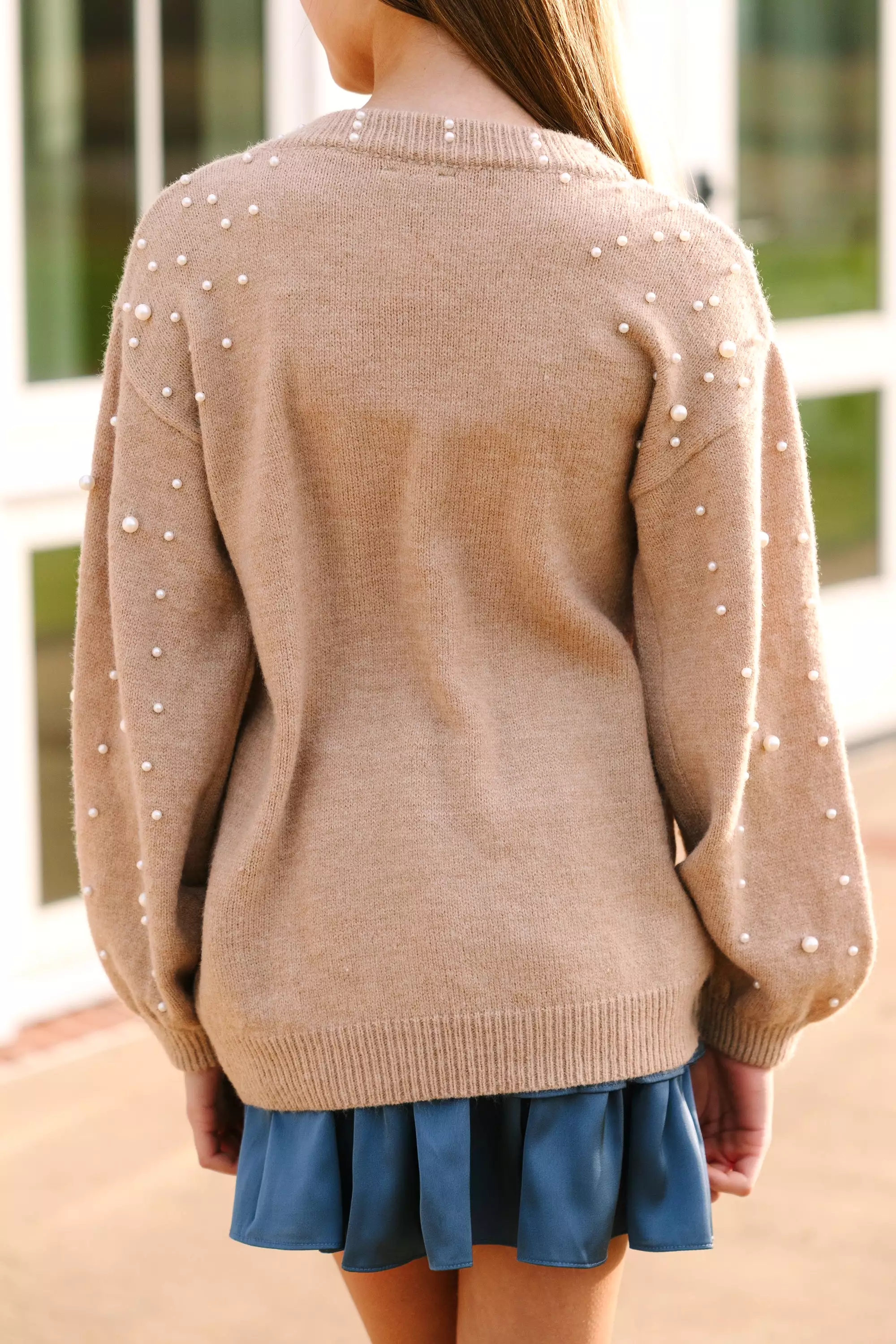 Taupe Pearl Studded Sweater for Girls