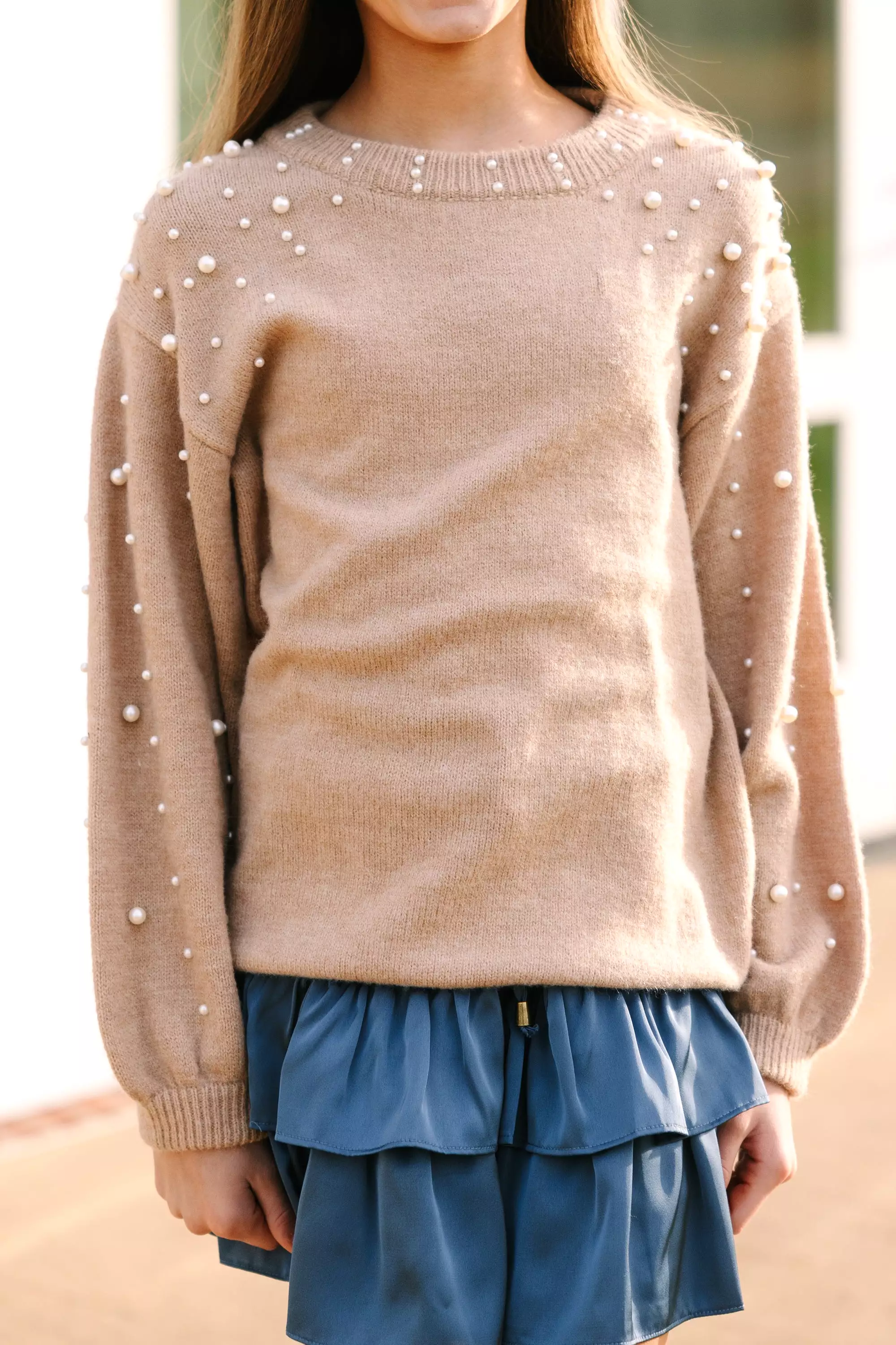 Taupe Pearl Studded Sweater for Girls