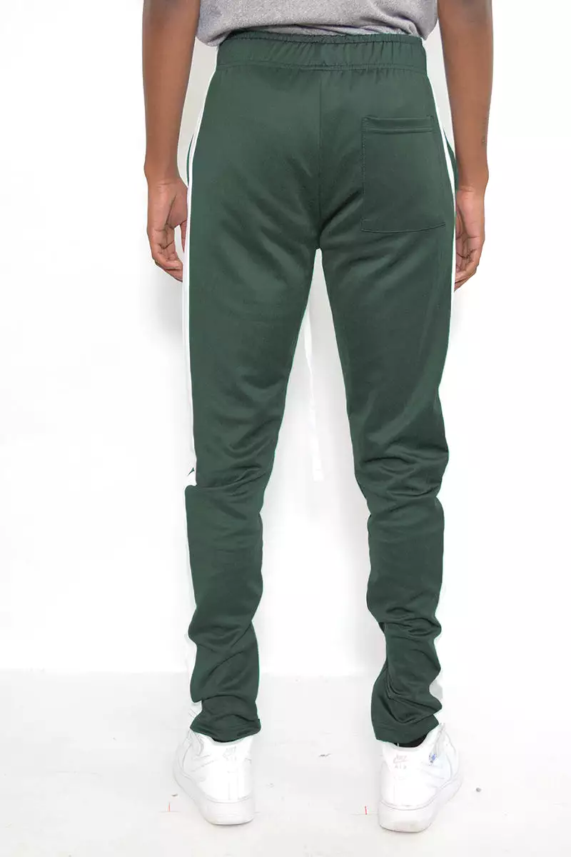 Track pants with a single stripe.