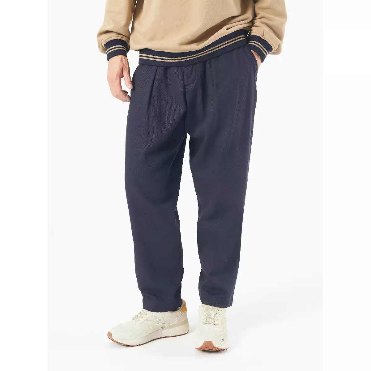 Universal Works navy pleated track pant 29181 in winter twill fabric.