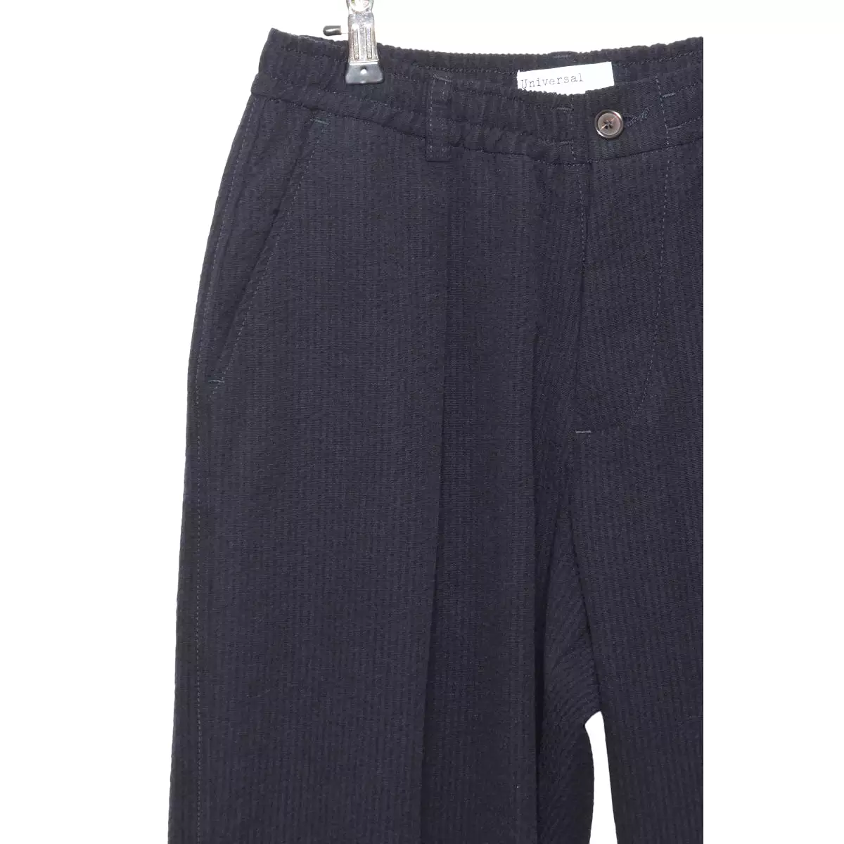 Universal Works Navy Pleated Track Pant 29727 - Wool Cot Seersucker