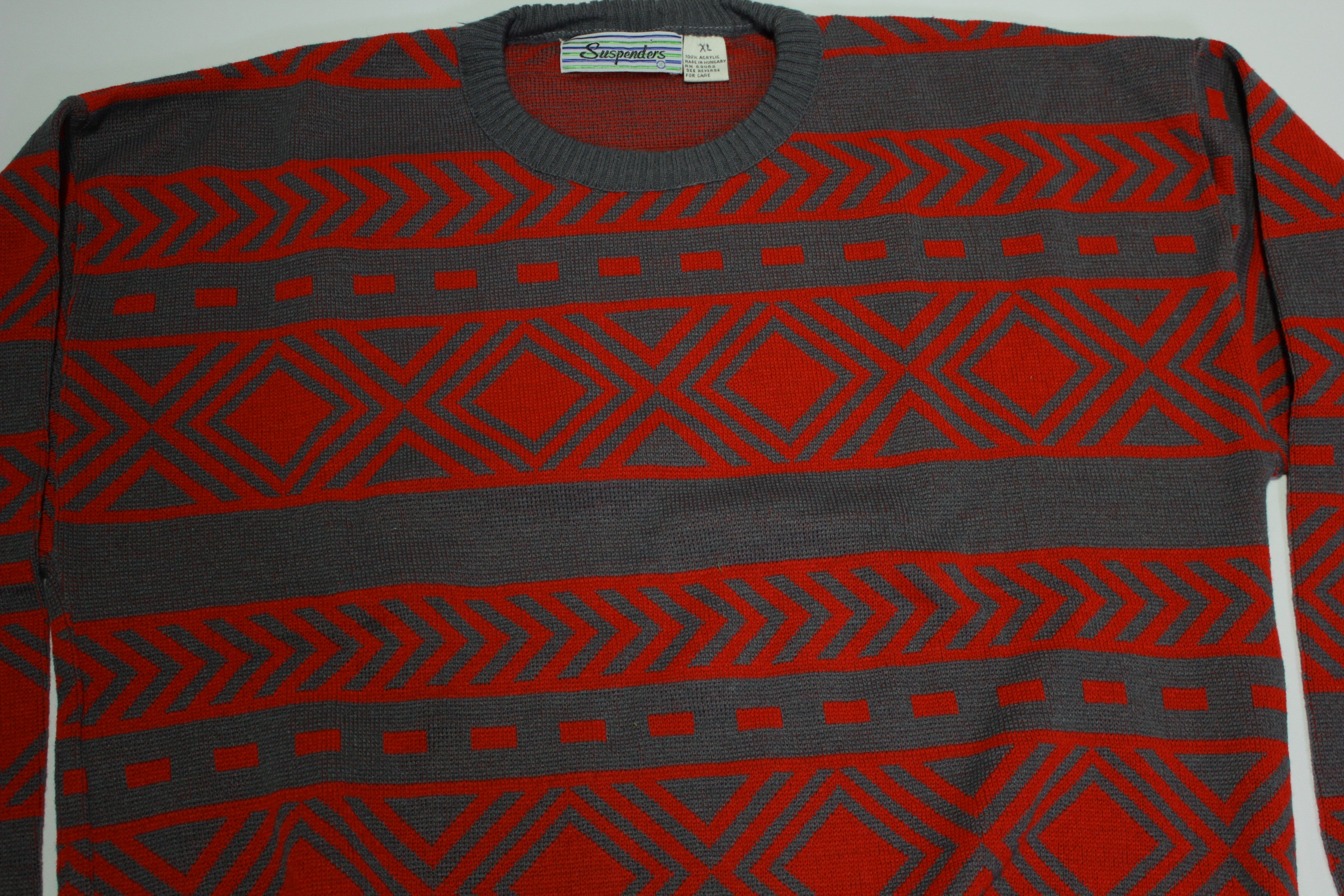 Vintage 1980's Fireplace Sweater with Geometric Design and Suspenders