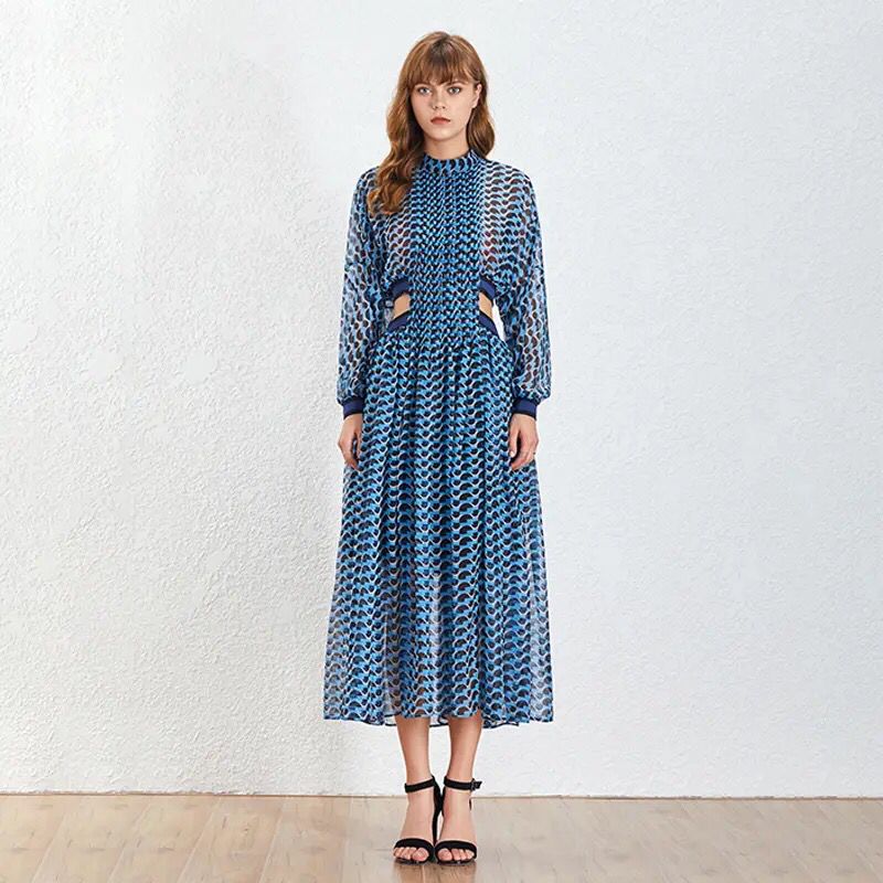 Vintage Hollow Out Dress - Stand Collar, Long Sleeve, High Waist, Print - Elegant Dresses for Women