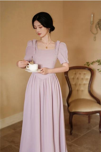 Vintage Square Neck Bow A-Line Midi Long Dress - Size M, B-60510