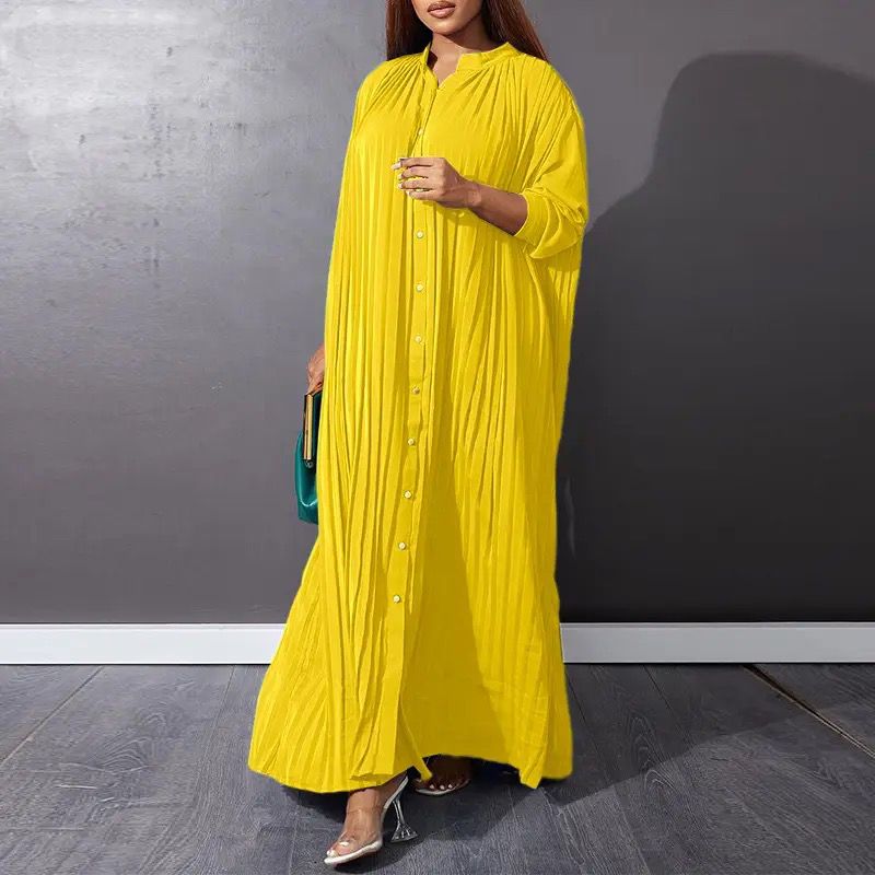 Vintage Summer Long Sleeve Button Maxi Dress for Women B-91806