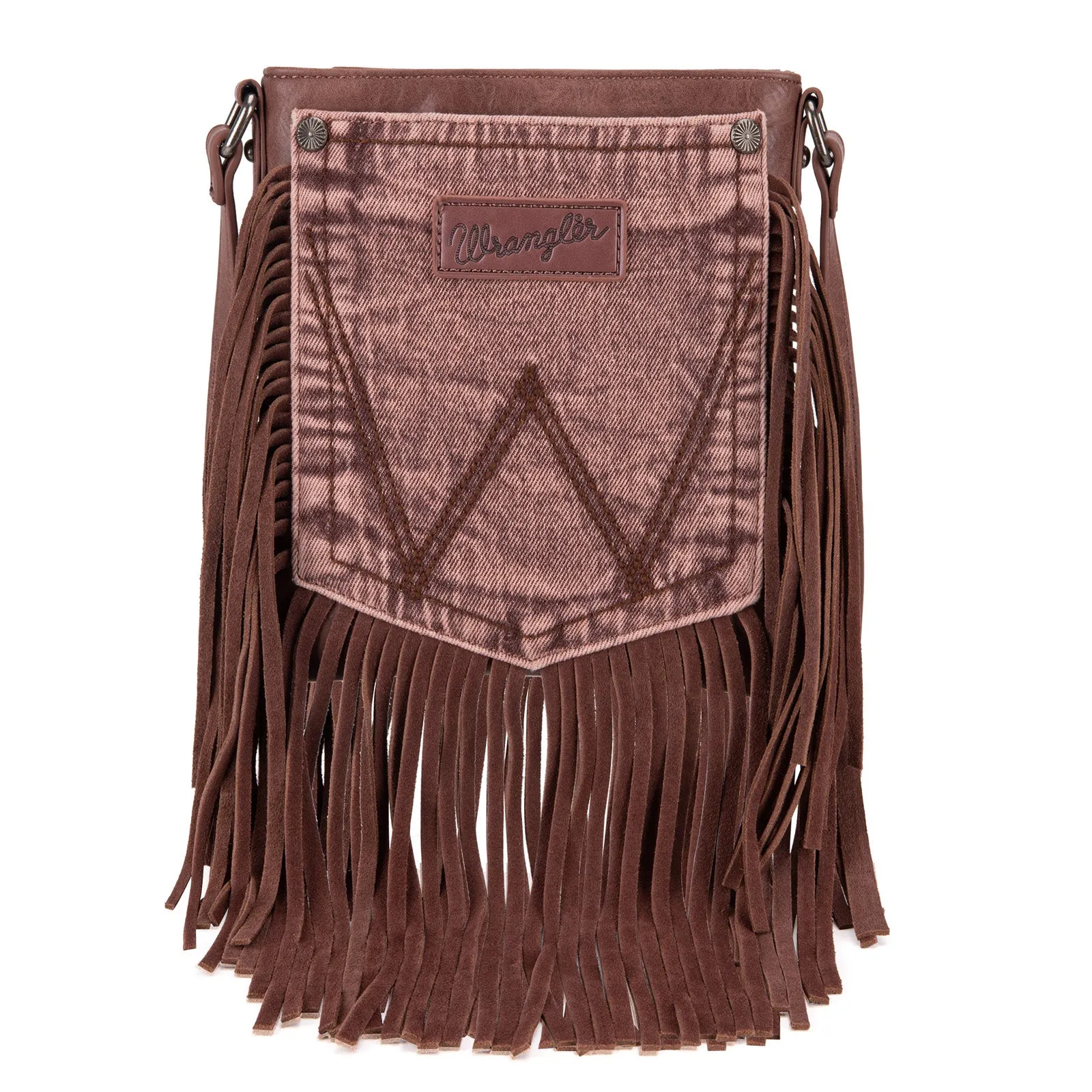 WG44-8360 Wrangler Leather Fringe Denim Pocket Crossbody in Light Coffee