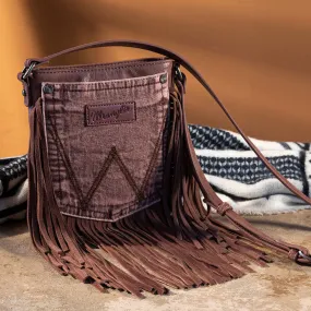 WG44-8360 Wrangler Leather Fringe Denim Pocket Crossbody in Light Coffee