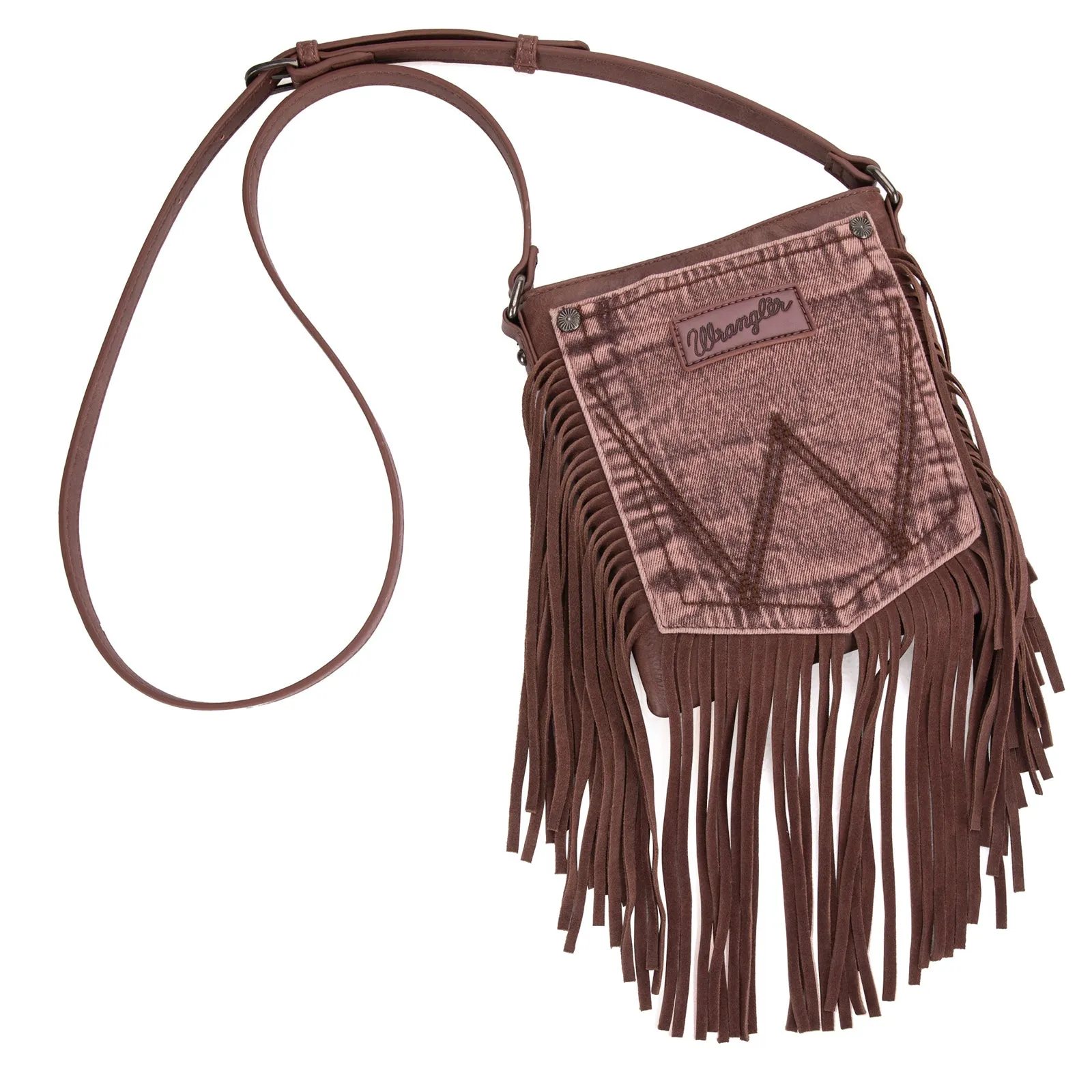 WG44-8360 Wrangler Leather Fringe Denim Pocket Crossbody in Light Coffee