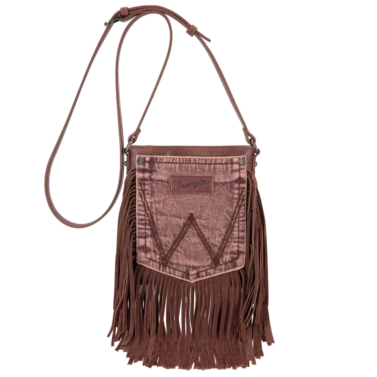 WG44-8360 Wrangler Leather Fringe Denim Pocket Crossbody in Light Coffee