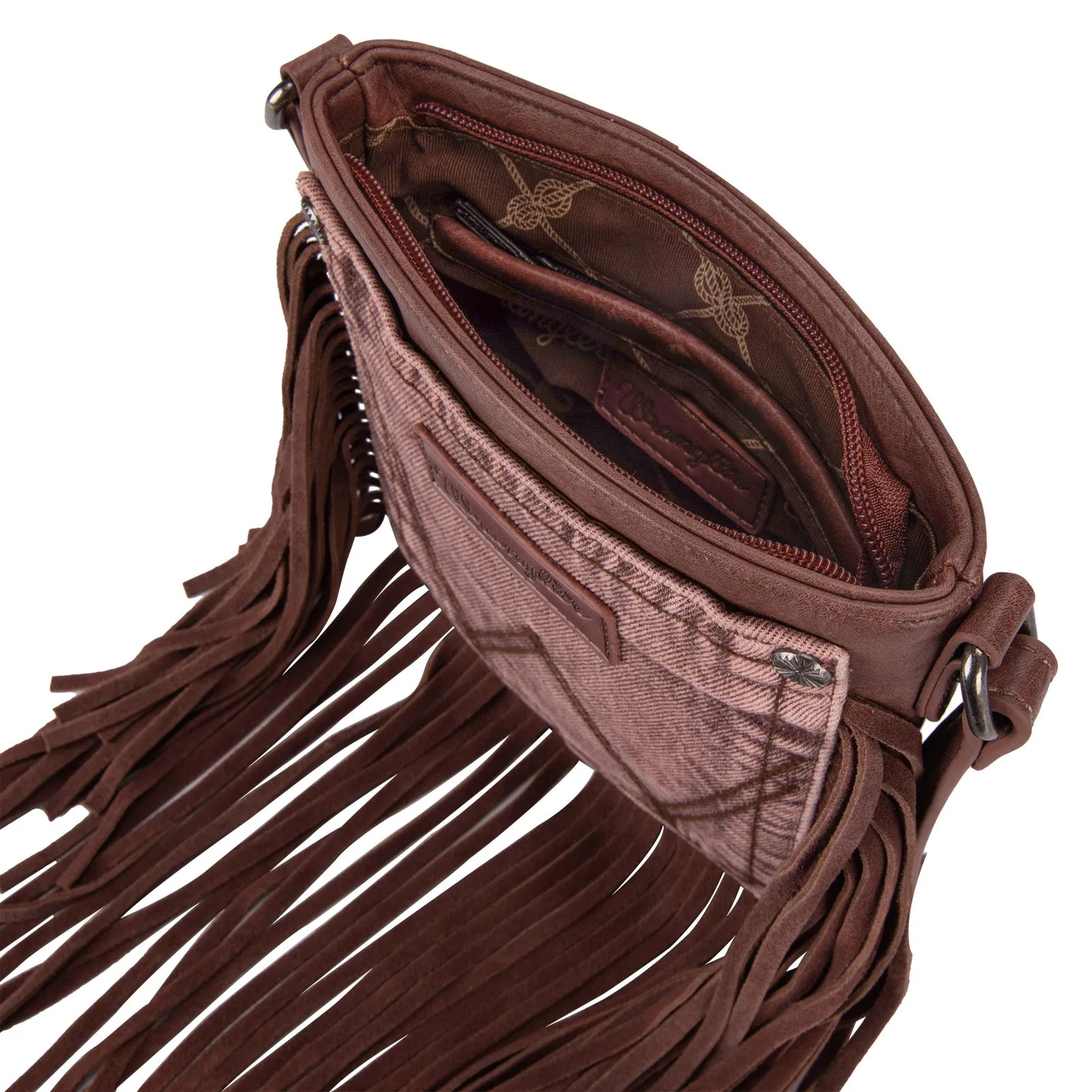 WG44-8360 Wrangler Leather Fringe Denim Pocket Crossbody in Light Coffee