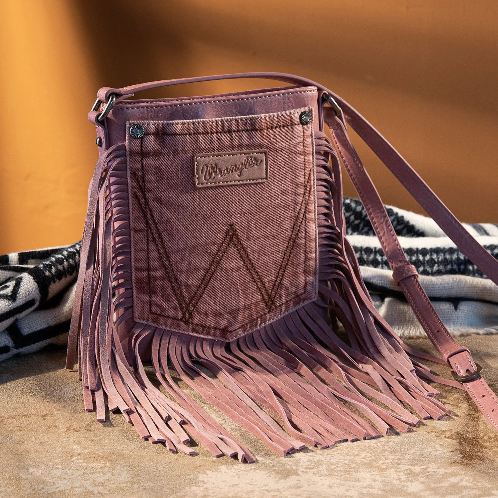 WG44-8360 Wrangler Leather Fringe Denim Pocket Crossbody in Pink