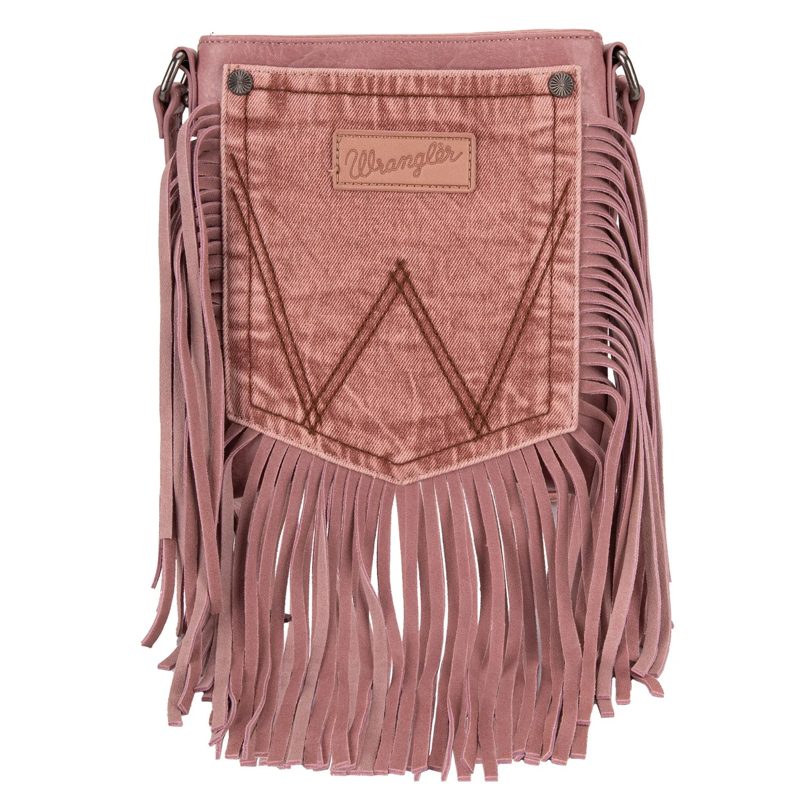 WG44-8360 Wrangler Leather Fringe Denim Pocket Crossbody in Pink