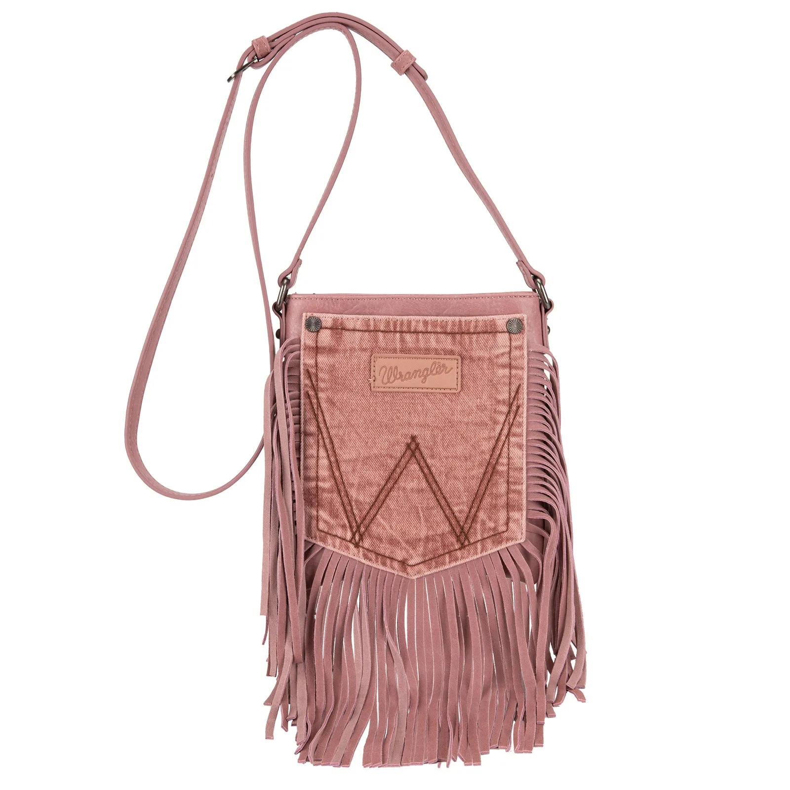 WG44-8360 Wrangler Leather Fringe Denim Pocket Crossbody in Pink