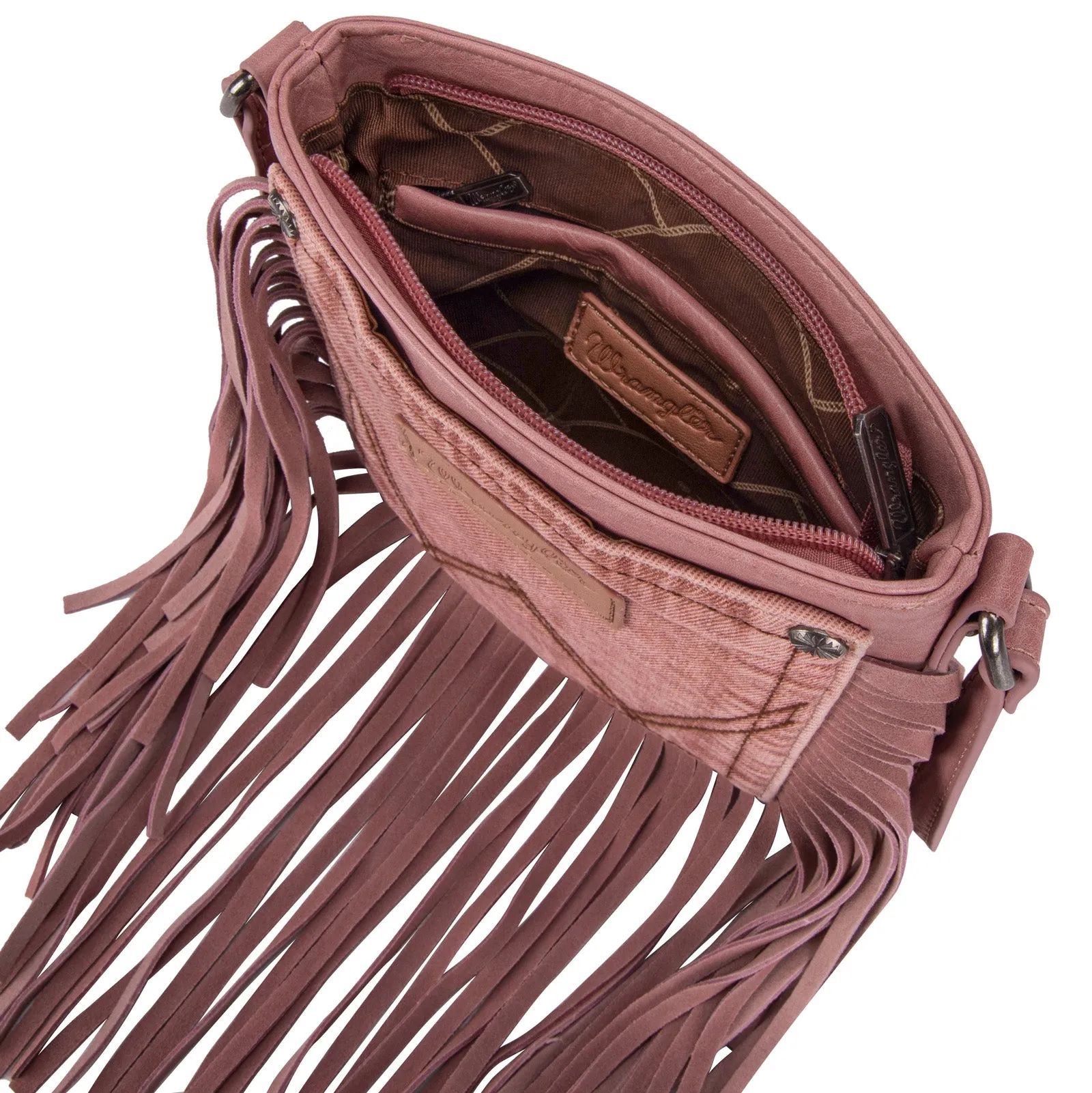 WG44-8360 Wrangler Leather Fringe Denim Pocket Crossbody in Pink