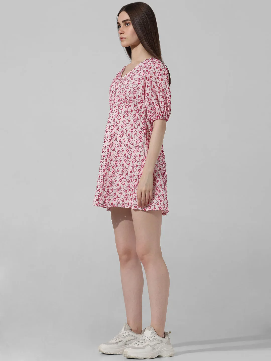 White & Pink Cut-Work Mini Dress for Women