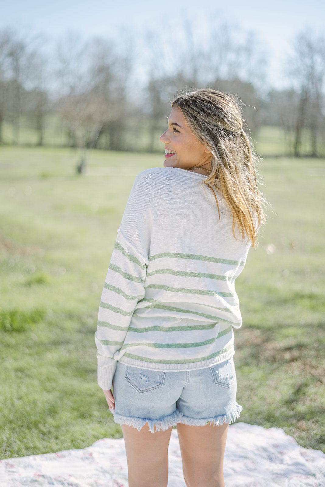 White and Green Striped Summer Sweater